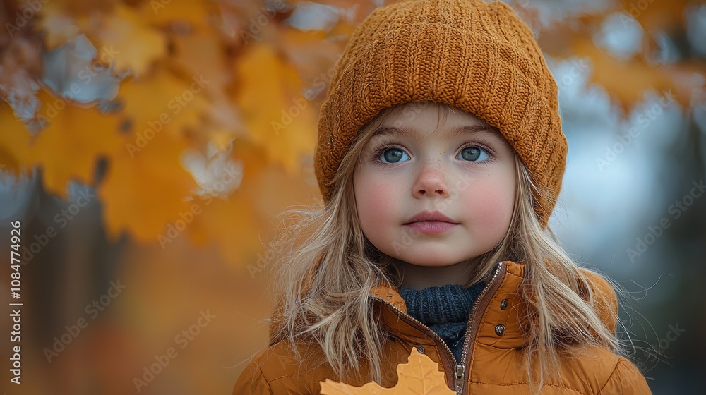 Autumn's Embrace: A young girl with bright blue eyes and a warm smile, bundled in a cozy brown hat and jacket, gazes into the distance as autumn leaves swirl around her. Autumn's Embrace: A young girl with bright blue eyes and a warm smile, bundled in a cozy brown hat and jacket, gazes into the distance as autumn leaves swirl around her.