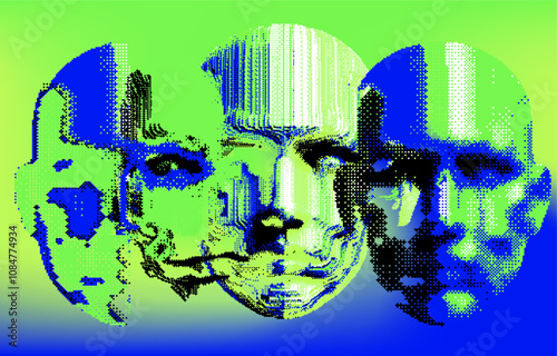 Conceptual vector illustration portraying three overlapping faces in vivid blue and green tones, symbolizing the gradual breakdown of identity and information through pixelated distortion.