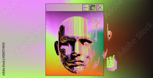 Vector illustration features a stylized, glitch-art human face set against a vibrant gradient background with digital distortion effect.