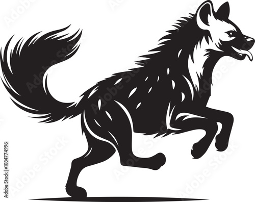 A running hyena with its tail streaming behind silhouette