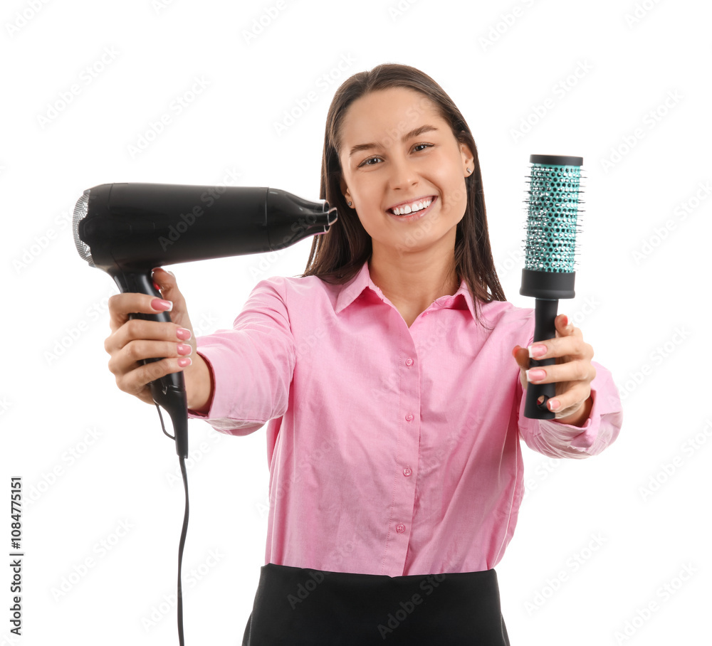 Female hairdresser with dryer and brush on white background Female hairdresser with dryer and brush on white background