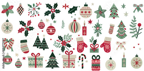Christmas Elements, Bells, Lights, Gloves, Trees, More, 2D Vector Illustration
