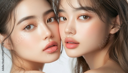 Close-up portrait of two women showcasing beauty and skincare.