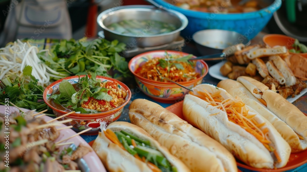 A colorful Vietnamese street food stall serving pho, spring rolls, and banh mi sandwiches, with fresh herbs and spices A colorful Vietnamese street food stall serving pho, spring rolls, and banh mi sandwiches, with fresh herbs and spices