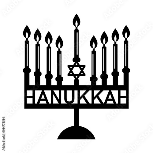 Hanukkah design with menorah. Vector silhouette for traditional Jewish holiday. Template for laser and plotter cutting. Illustration for invitations, greeting cards, prints, banners, posters