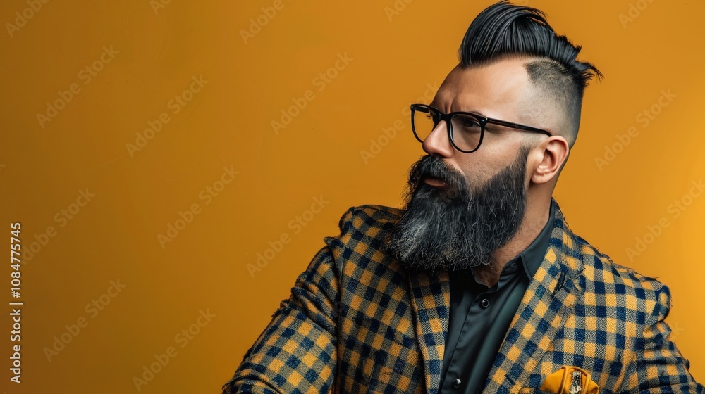 A confident man with a beard and glasses, posing in a stylish outfit that highlights his unique features A confident man with a beard and glasses, posing in a stylish outfit that highlights his unique features