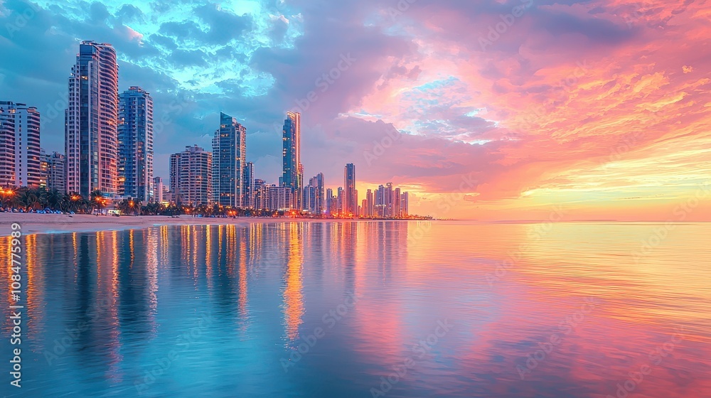 Fototapeta premium A vibrant oceanfront city at sunset with glowing skyscrapers reflecting in the calm water. The skyline is adorned with modern architecture and neon accents. A breathtaking fusion of natural 