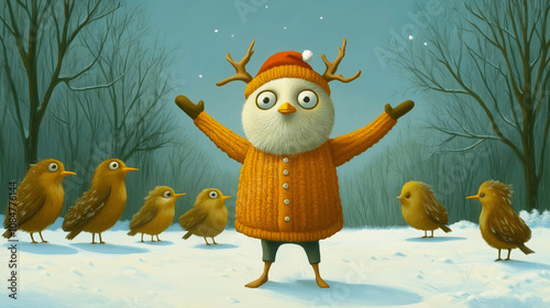 Whimsical winter illustration featuring a round white bird character in orange knitwear and antlers, surrounded by small brown birds in snowy forest setting.