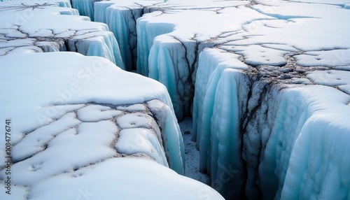 Melting glacier revealing dark rocky outcrops and crevices as snow recedes under soft sunlight photo