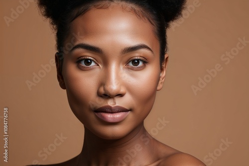 Close-up of beautiful African Asian woman with healthy glowing dark skin and shaggy hair