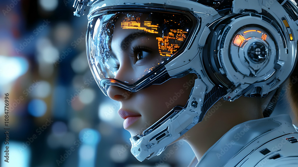 Futuristic Woman in Helmet with Digital Interface - 3D Illustration Futuristic Woman in Helmet with Digital Interface - 3D Illustration
