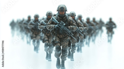 A formation of disciplined soldiers exemplifying military unity, perfect for warfare-themed graphics on a white background. photo