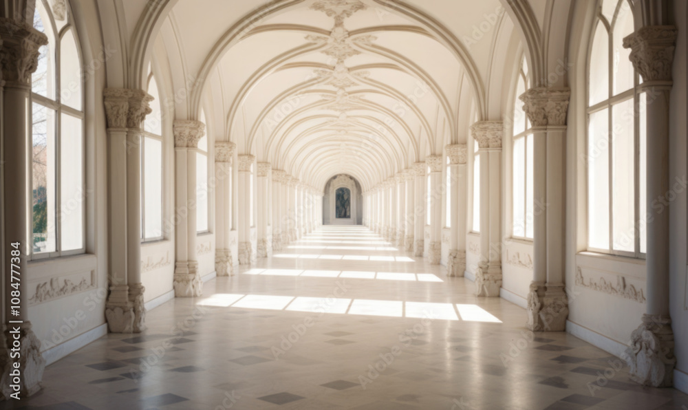 Grand arched hallway with white columns and walls, illuminated by natural light coming from tall windows. Grand arched hallway with white columns and walls, illuminated by natural light coming from tall windows.