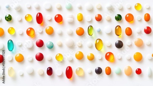 A colorful assortment of pills and capsules on a white background, representing pharmaceutical diversity and healthcare photo