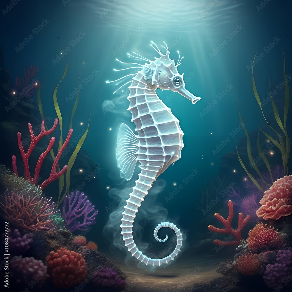A ghostly seahorse made of mist and moonlight, gliding through an enchanted underwater realm of glowing corals and plants.
A ghostly seahorse made of mist and moonlight, gliding through an enchanted underwater realm of glowing corals and plants.