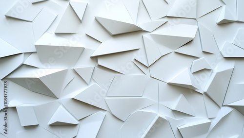 Abstract white geometric wall design with angular shapes and textures.