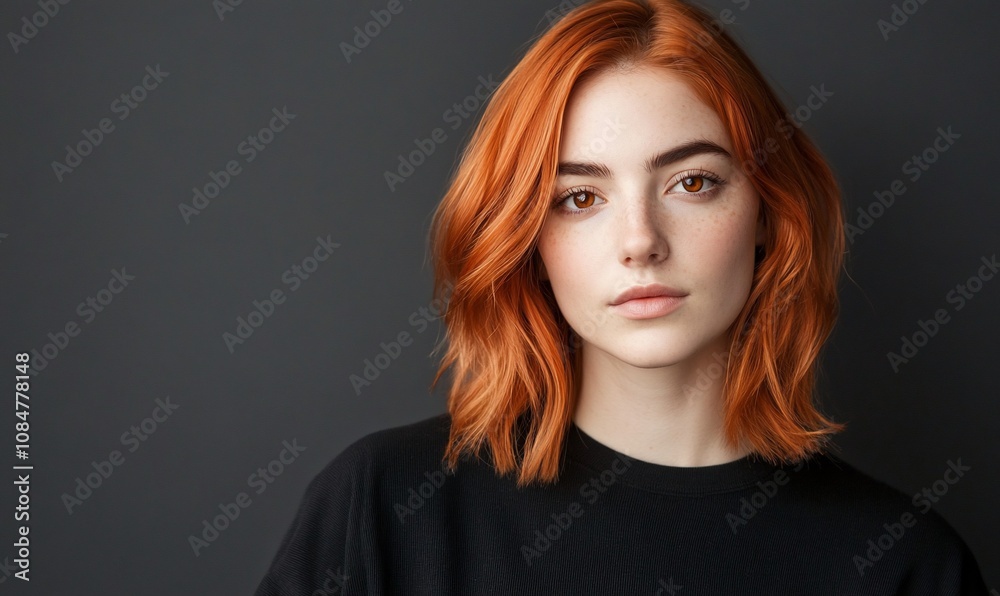 A portrait of a young person with vibrant orange hair against a dark background. A portrait of a young person with vibrant orange hair against a dark background.