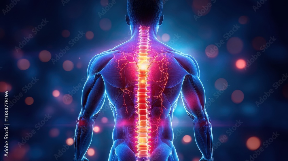 A muscular back with a highlighted spine and nerve pathways, illustrating potential areas affected by myofascial pain syndrome A muscular back with a highlighted spine and nerve pathways, illustrating potential areas affected by myofascial pain syndrome
