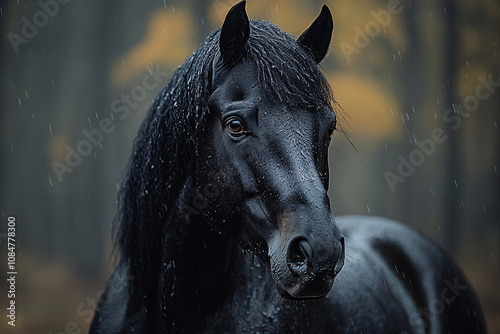 Realistic portrait of a black stallion with glossy coat, piercing eyes, dark and mysterious atmosphere, high detail.