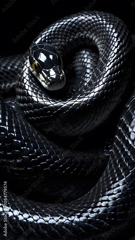Obraz premium Majestic Black Snake wallpaper with Shiny Scales and Intense Amber Eyes, Displaying Its Graceful and Powerful Beauty.