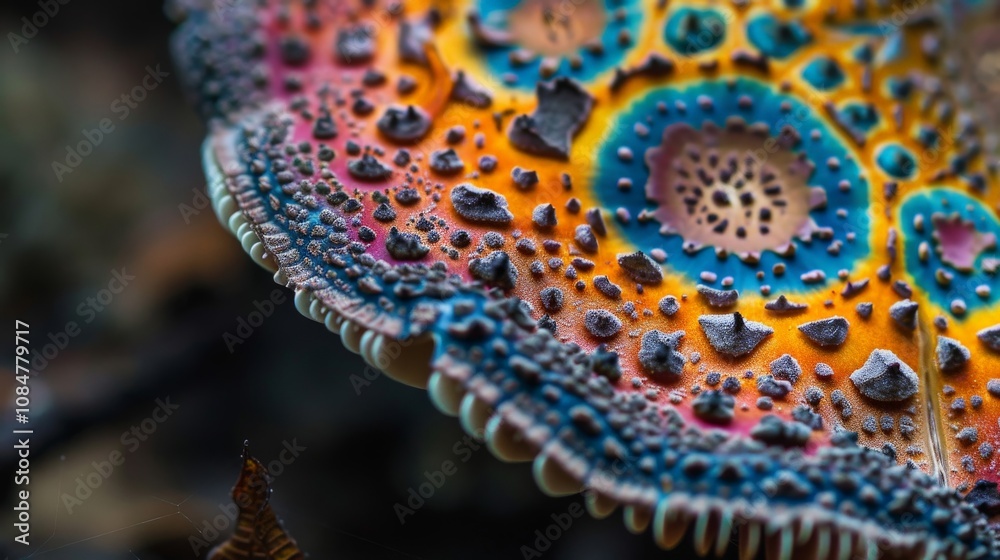 A detailed macro shot of a psychedelic mushroom cap with intricate patterns and vibrant colors A detailed macro shot of a psychedelic mushroom cap with intricate patterns and vibrant colors