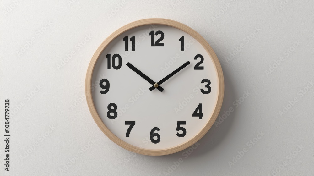A simple wall clock with a wooden frame and black numbers, showing the time as 10:10. A simple wall clock with a wooden frame and black numbers, showing the time as 10:10.