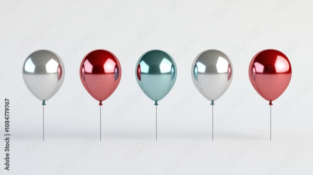 A minimalist display of five shiny balloons in various colors, arranged neatly against a light background. A minimalist display of five shiny balloons in various colors, arranged neatly against a light background.