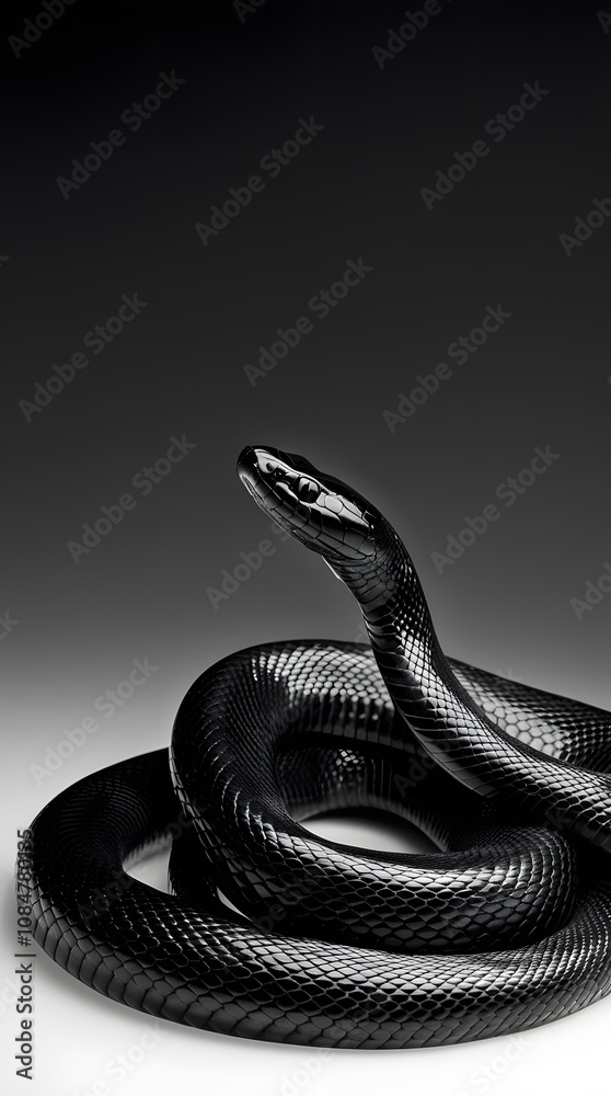 Obraz premium Majestic Black Snake wallpaper with Shiny Scales and Intense Amber Eyes, Displaying Its Graceful and Powerful Beauty.