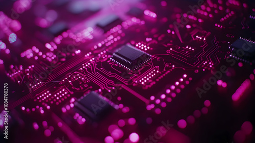 Circuit Board with Pink Glowing Lights - Abstract Background