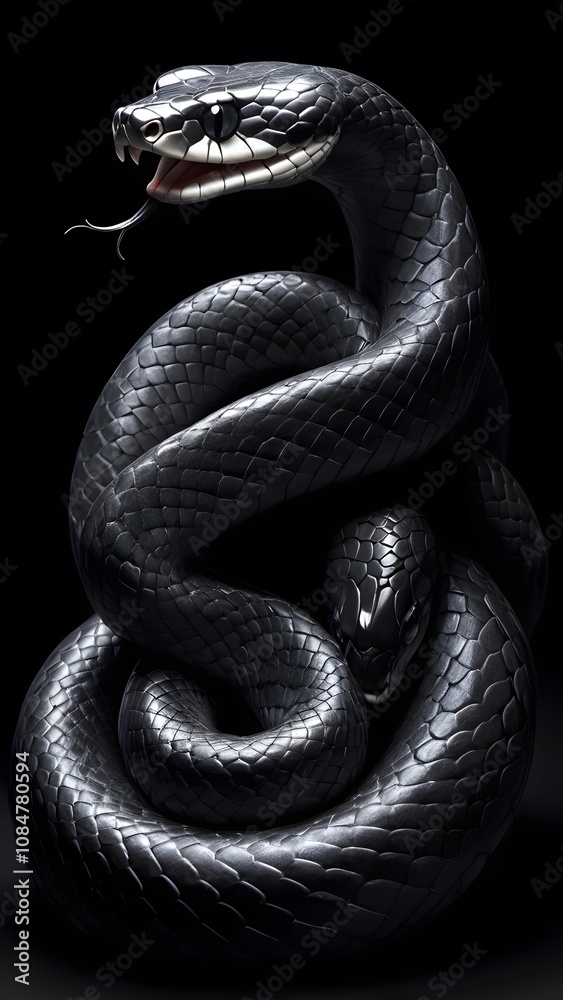 Obraz premium Majestic Black Snake wallpaper with Shiny Scales and Intense Amber Eyes, Displaying Its Graceful and Powerful Beauty.