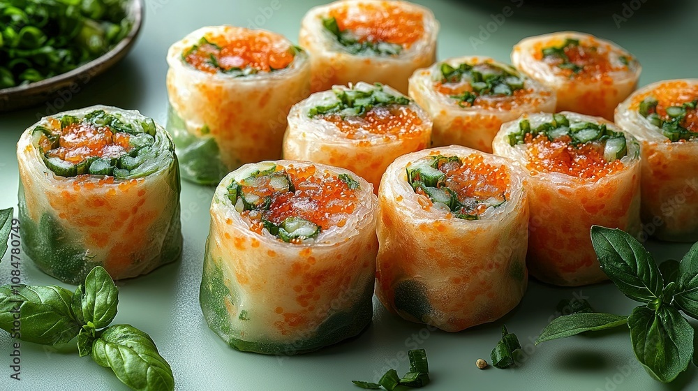 Delicate Rice Paper Rolls Filled with Salmon Roe, Herbs, and Vegetables Delicate Rice Paper Rolls Filled with Salmon Roe, Herbs, and Vegetables