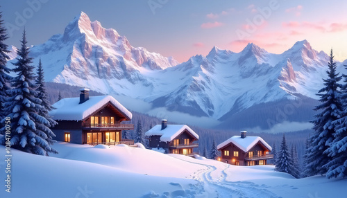 Cozy mountain cabins in a snowy landscape at sunset with majestic peaks in the background