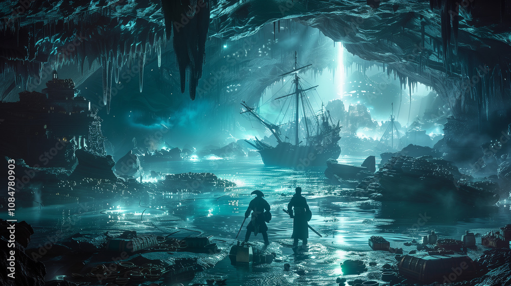 Fototapeta premium A pirate's treasure trove in a mysterious cave. AI Generated