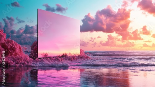 Fototapeta Naklejka Na Ścianę i Meble -  Surreal beach scene with mirror reflecting vibrant sunset sky and colorful clouds.