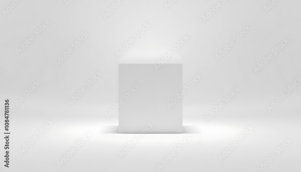 A simple, solitary white cube stands alone in a vast, empty space, its flawless surface reflecting no light or shadow, bathed in a sharp, high-contrast glow, set against a blank A simple, solitary white cube stands alone in a vast, empty space, its flawless surface reflecting no light or shadow, bathed in a sharp, high-contrast glow, set against a blank