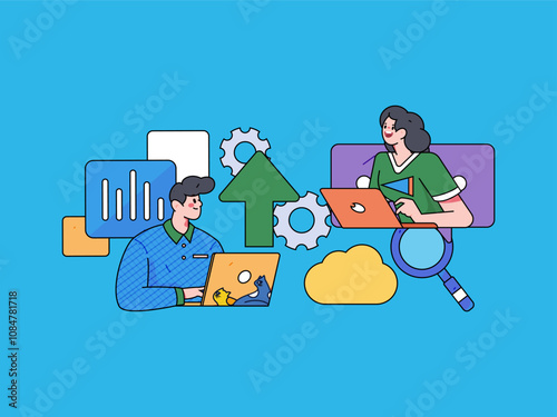 Flat vector illustration of business people operating work scene
