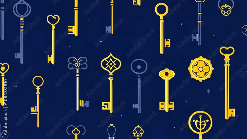 A digital illustration features numerous intricately designed keys in gold and muted blue hues A digital illustration features numerous intricately designed keys in gold and muted blue hues