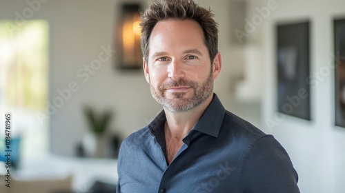 Confident Man in Casual Attire Posing in Modern Interior Space