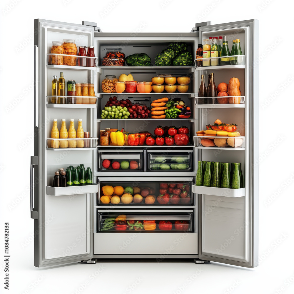 Double Door Refrigerator with a Variety of Groceries in a Modern Kitchen Double Door Refrigerator with a Variety of Groceries in a Modern Kitchen