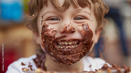 A child's joyous face smeared with chocolate after enjoying a treat photo