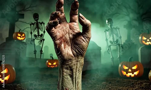 不気味な夜に墓地から立ち上がるゾンビの手。ハロウィーン パーティー カード - 夜の墓地のカボチャと骸骨｜A zombie hand rising from the cemetery in a spooky night. Halloween party card - pumpkins and skeletons in the cemetery at night