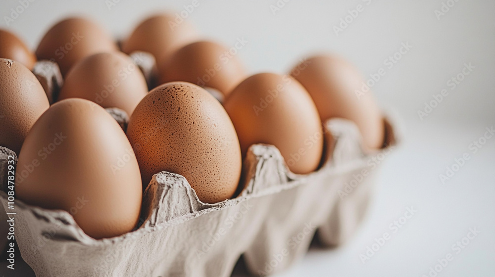 Fresh brown eggs in a carton ready for baking or breakfast preparation in a kitchen Fresh brown eggs in a carton ready for baking or breakfast preparation in a kitchen