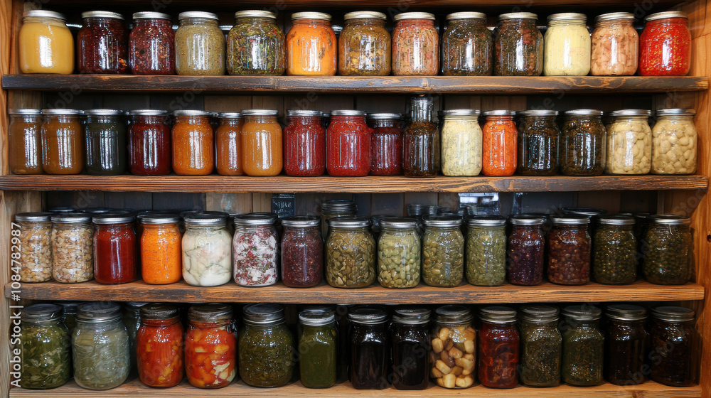 Colorful Jar Collection in Pantry Setting Full of Pickled and Preserved Goods Colorful Jar Collection in Pantry Setting Full of Pickled and Preserved Goods