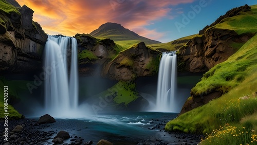 Beautiful summer scenery. Splendid morning view of Kvernufoss watterfall. Picturesque summer sunrise in Iceland Generative AI photo