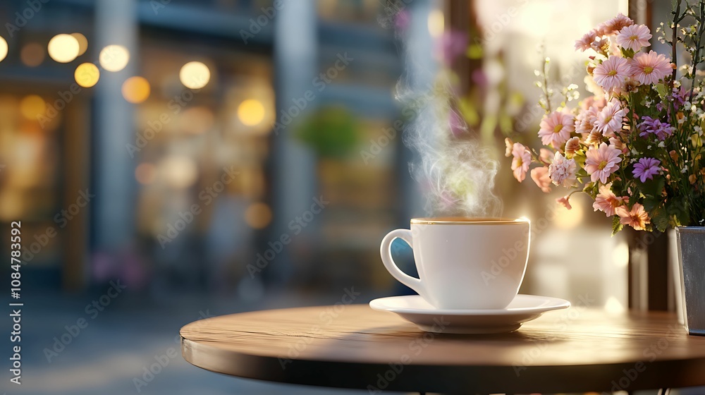 A serene coffee scene featuring a steaming cup on a wooden table, with flowers and a softly lit background, creating a cozy atmosphere. A serene coffee scene featuring a steaming cup on a wooden table, with flowers and a softly lit background, creating a cozy atmosphere.