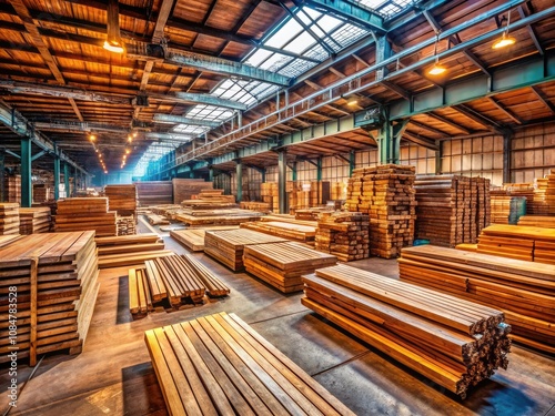 Panoramic View of a Sawmill Warehouse Filled with Rows of Wooden Planks in a Woodworking Industry Setting for Building Materials and Drying Untreated Wood in a Lumber Yard