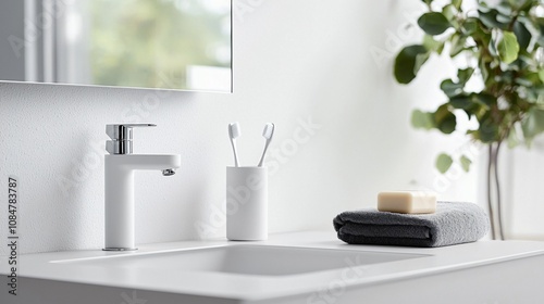 Enhancing Bathroom Aesthetics with a Modern Vanity Featuring a Clean White Countertop in a Serene Environment