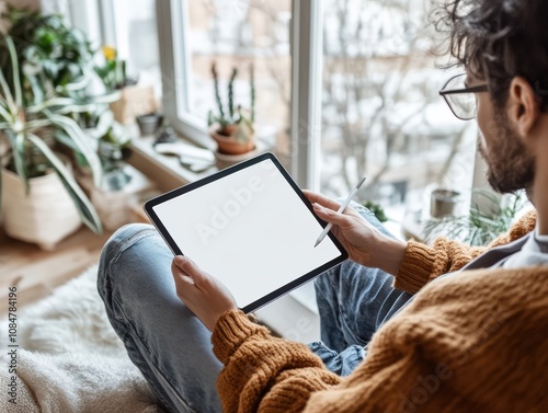 Man using digital tablet in cozy room with plants, natural light streaming through window. photo