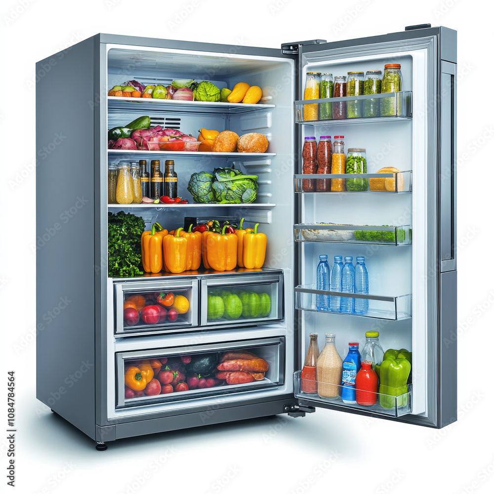 Open Refrigerator Full of Groceries in a Modern Minimalist Kitchen Setting Open Refrigerator Full of Groceries in a Modern Minimalist Kitchen Setting