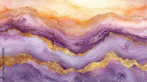 Abstract design featuring layered purple and orange hues with gold accents.